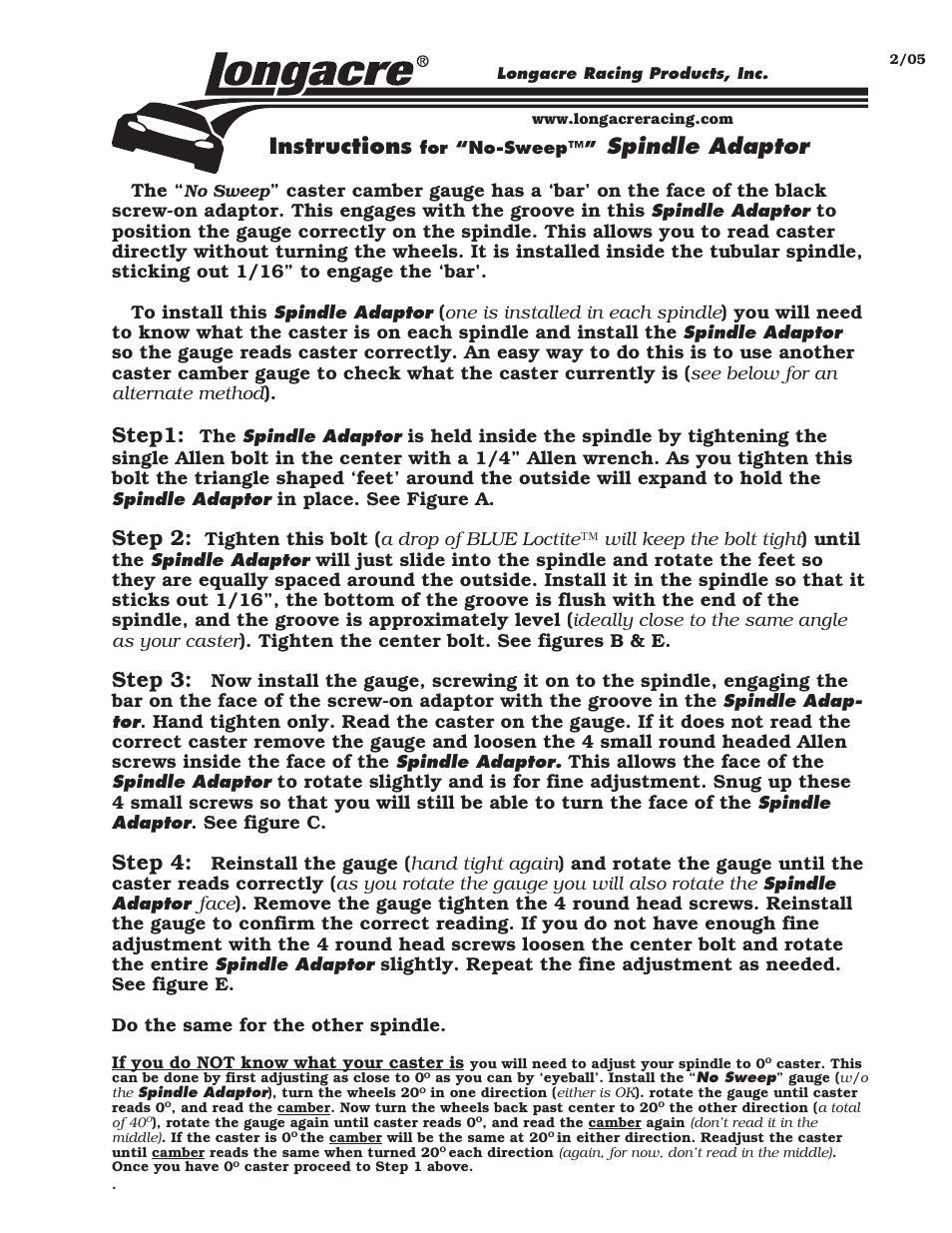 Spindle adaptor, Instructions, Step1 | Step 2, Step 3, Step 4 | Longacre 78402 No Sweep Spindle Adapter - P_N User Manual | Page 2 / 2