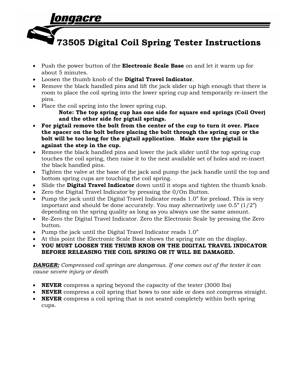 Longacre 73505 Electronic Coil Spring Tester User Manual | 2 pages