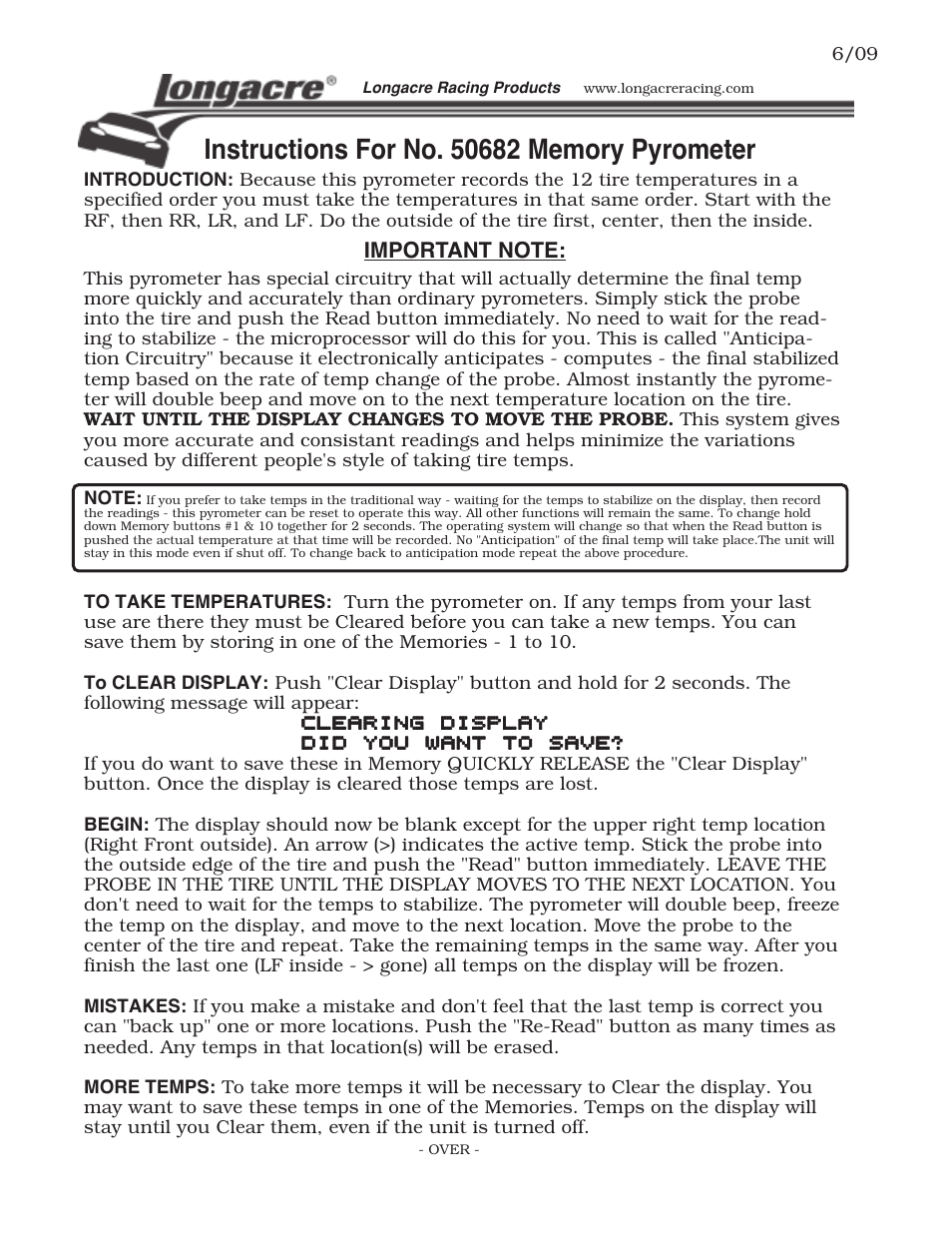 Longacre 50682 Memory Tire Pyrometer User Manual | 3 pages