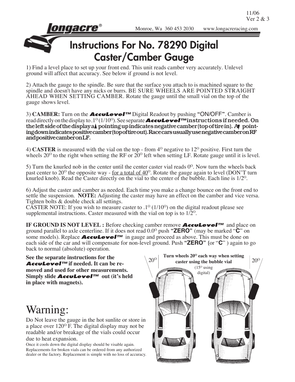 Longacre 78290 Digital Caster_Camber Gauge with AccuLevel (version 3) User Manual | 1 page