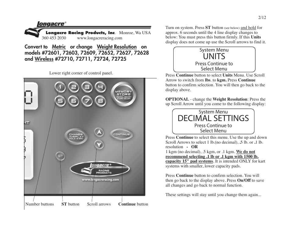 Decimal settings, Units | Longacre 72755 Computerscales Wireless DXI User Manual | Page 2 / 2