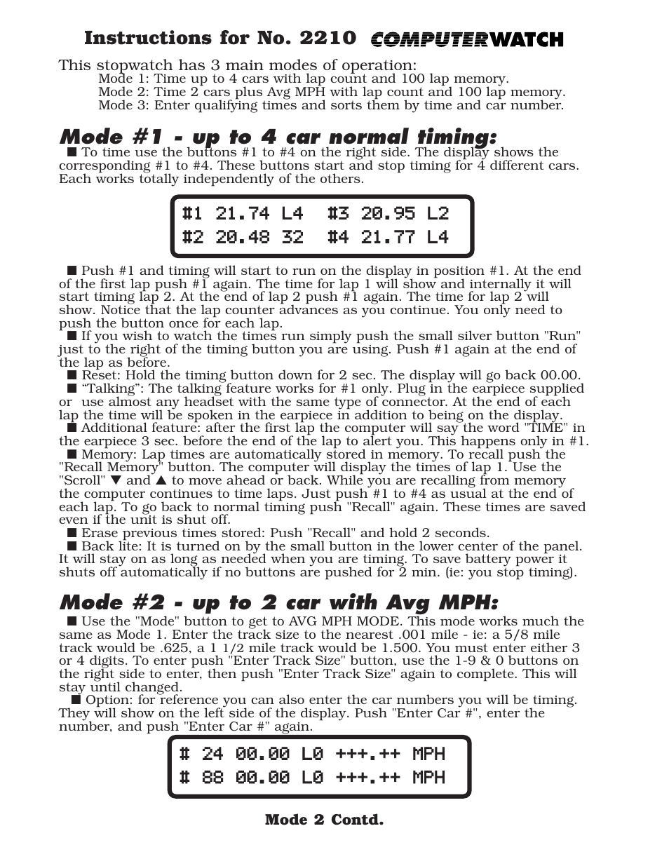 Mode #1 - up to 4 car normal timing, Mode #2 - up to 2 car with avg mph, Instructions for no. 2210 | Longacre 2210 ComputerWatch User Manual | Page 2 / 4