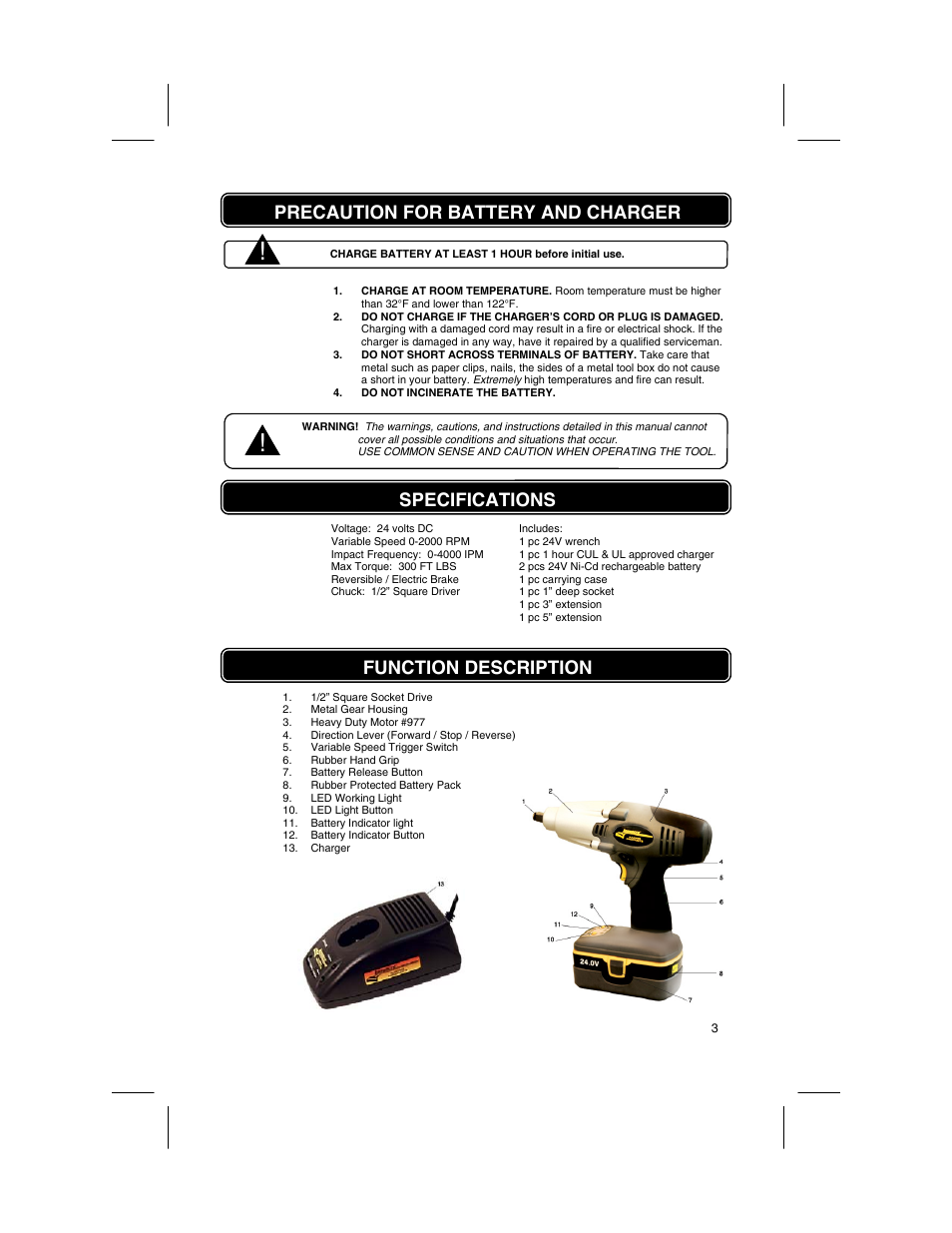 Precaution for battery and charger, Specifications, Function description | Longacre 686 Series Pit Impact Gun - Operator’s Manual User Manual | Page 3 / 5