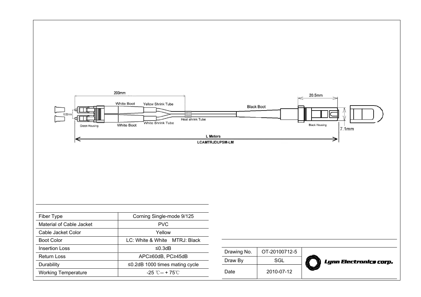 Lynn Electronics LC APC-MTRJ UPC 9-125 Singlemode Fiber Patch Cables User Manual | 1 page