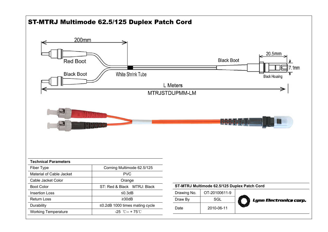 Lynn Electronics MTRJ-ST 62.5 OM1 Multimode Fiber Patch Cables User Manual | 1 page