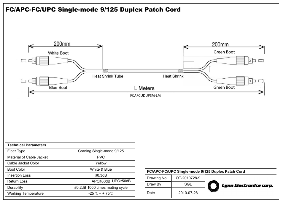 Lynn Electronics FC APC-FC UPC 9-125 Singlemode Fiber Patch Cables User Manual | 1 page