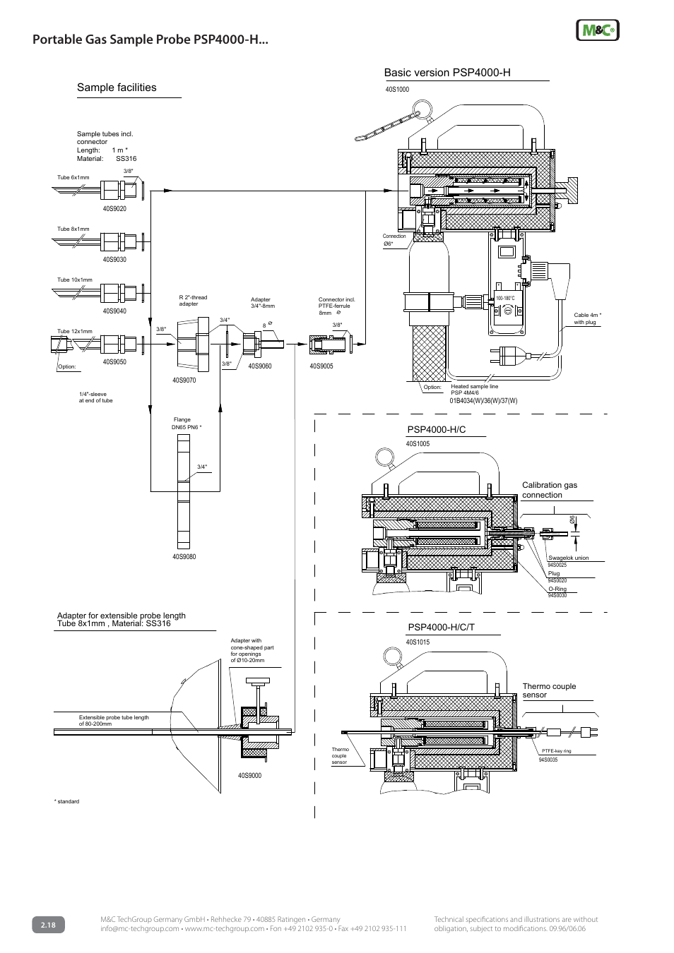 Portable gas sample probe psp4000-h, Sample facilities basic version psp4000-h | M&C TechGroup PSP4000-H _C _T Data sheet User Manual | Page 2 / 4