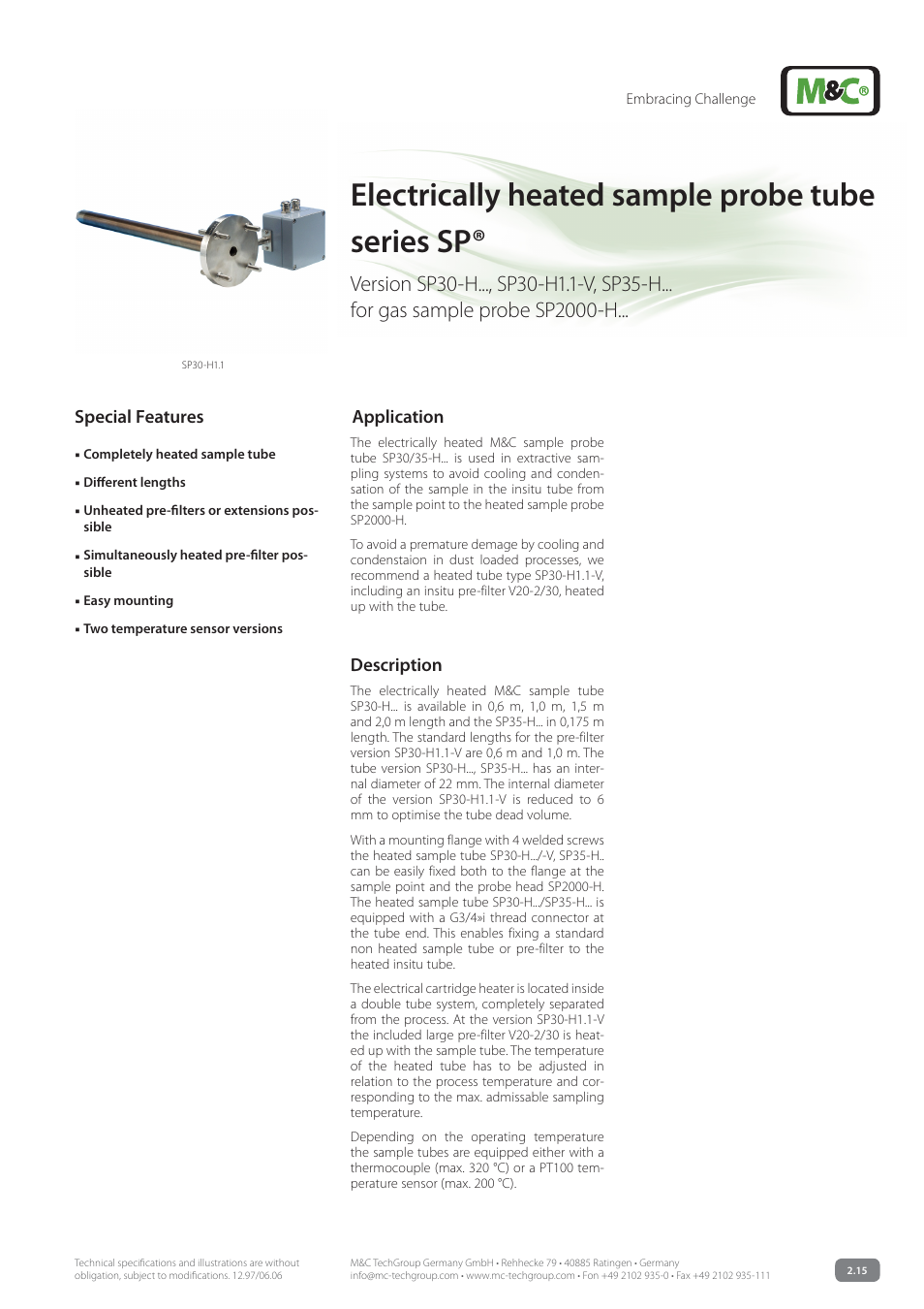 M&C TechGroup SP35-H... for gas sample probe SP2000-H... Data sheet User Manual | 2 pages