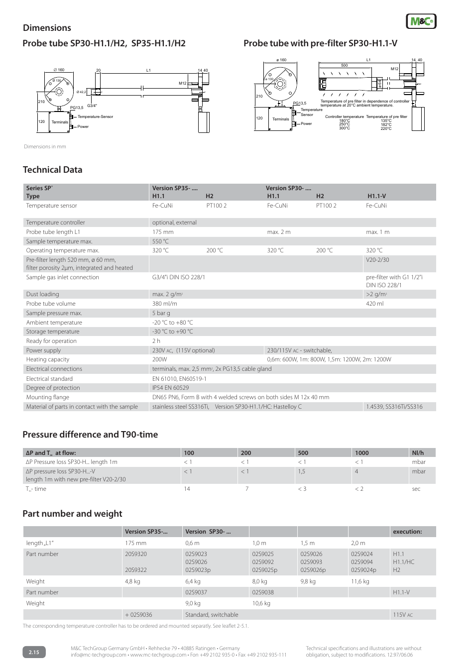 Technical data, Pressure difference and t90-time, Part number and weight | Probe tube with pre-filter sp30-h1.1-v dimensions | M&C TechGroup SP35-H... for gas sample probe SP2000-H... Data sheet User Manual | Page 2 / 2