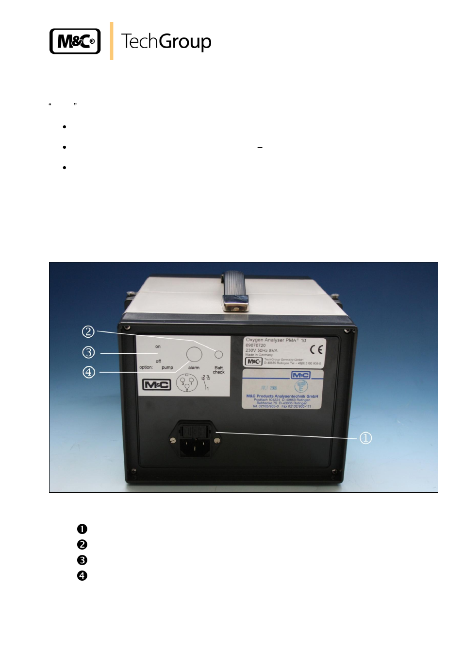 Adjustment of the alarm threshold, Connections on the rear side, Figure 7 | Rear side | M&C TechGroup PMA 10S Operator's manual User Manual | Page 17 / 27
