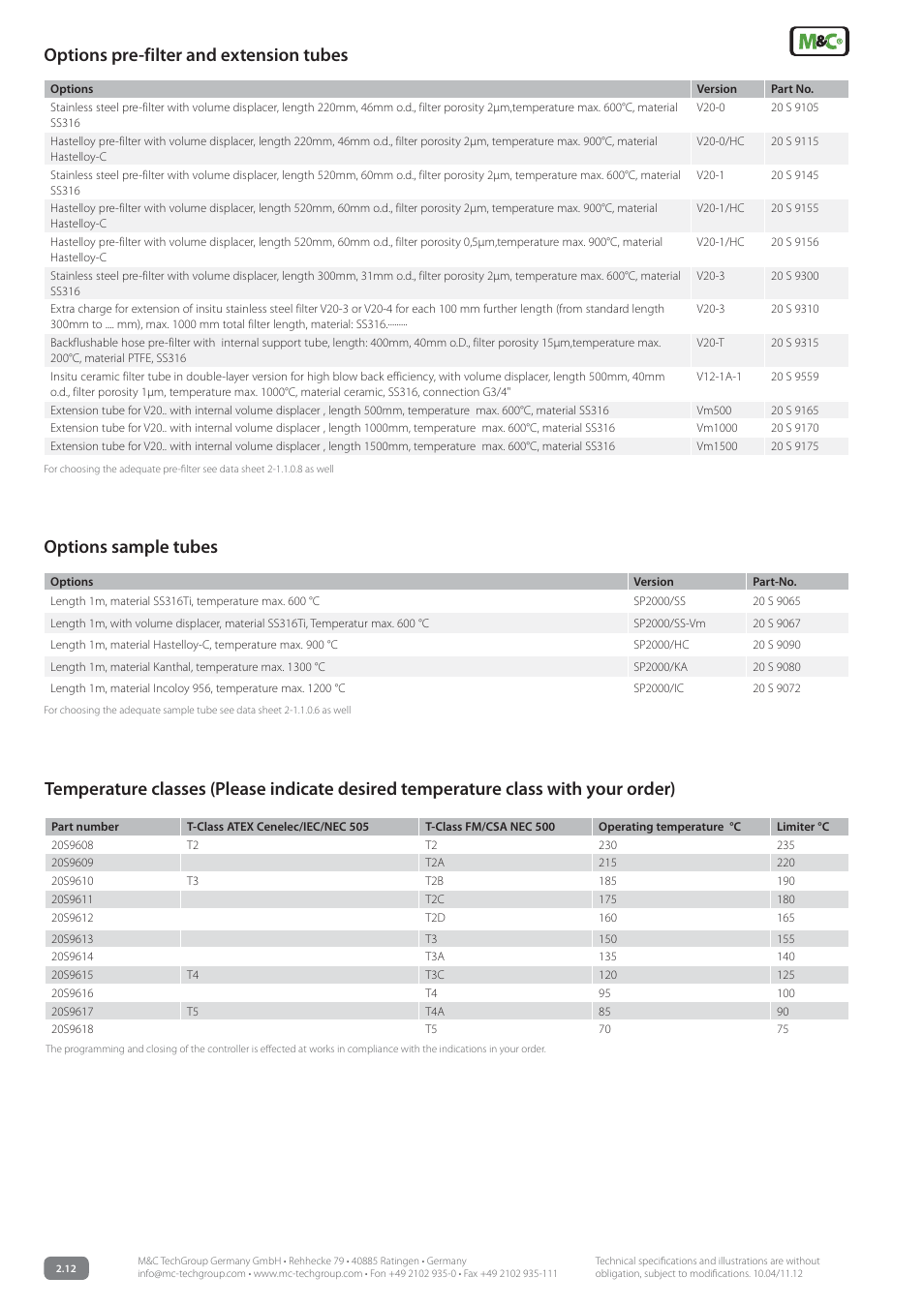 Options sample tubes, Options pre-filter and extension tubes | M&C TechGroup SP3200 Data sheet User Manual | Page 6 / 6