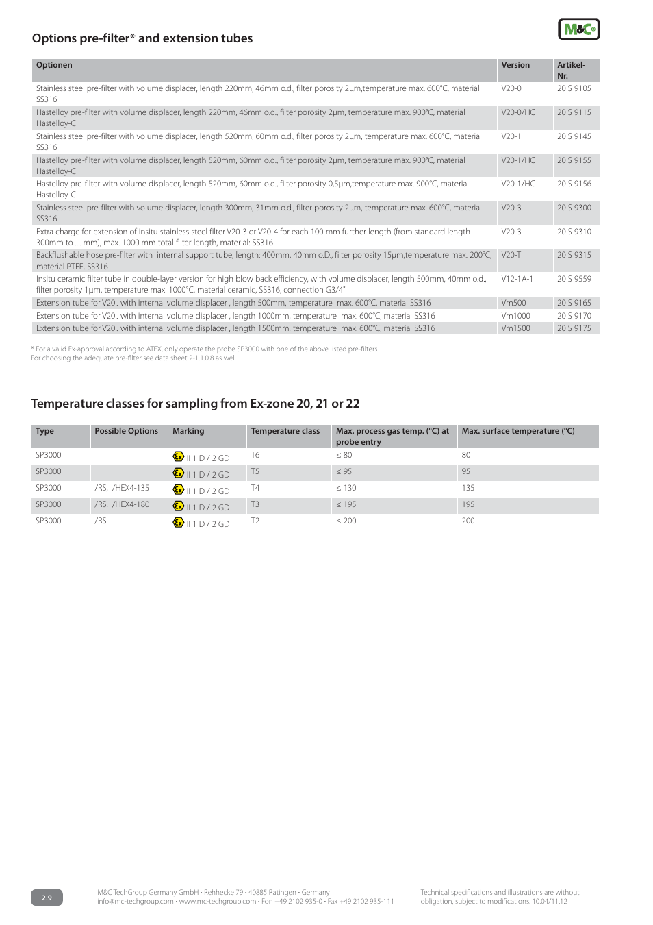 Options pre-filter* and extension tubes | M&C TechGroup SP3000 Data sheet User Manual | Page 4 / 4