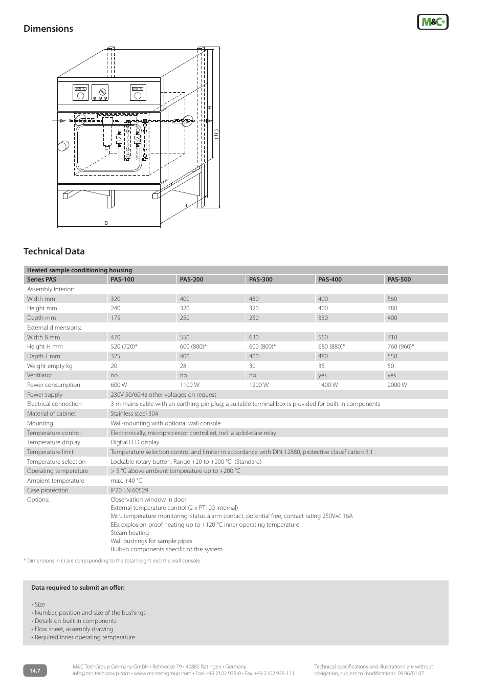 Technical data, Dimensions | M&C TechGroup PAS Series Data sheet User Manual | Page 2 / 2
