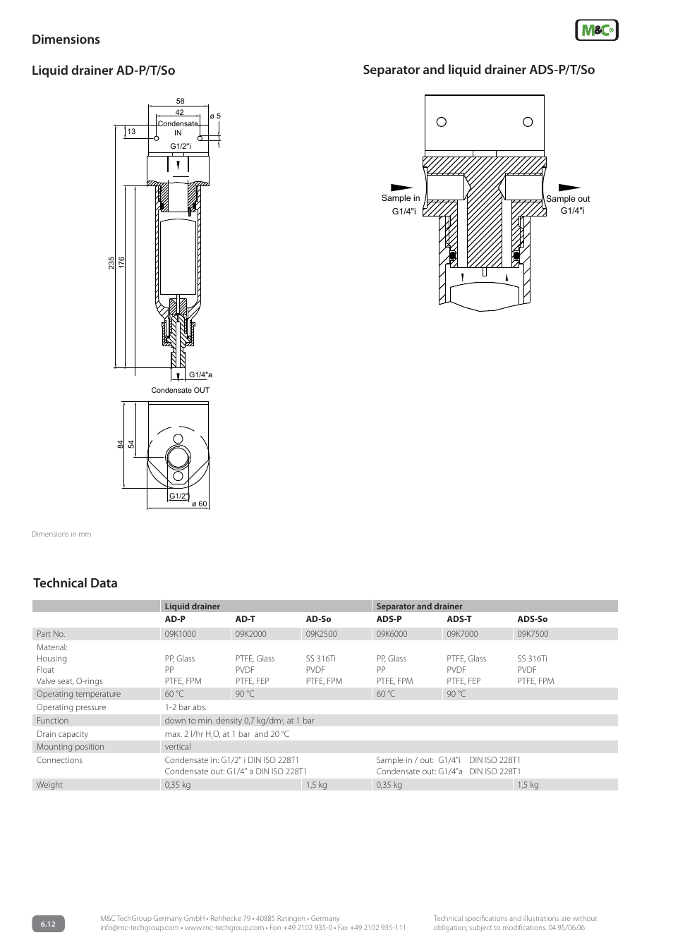 Liquid drainer ad-p/t/so technical data dimensions, Separator and liquid drainer ads-p/t/so | M&C TechGroup ADS-So Data sheet User Manual | Page 2 / 2