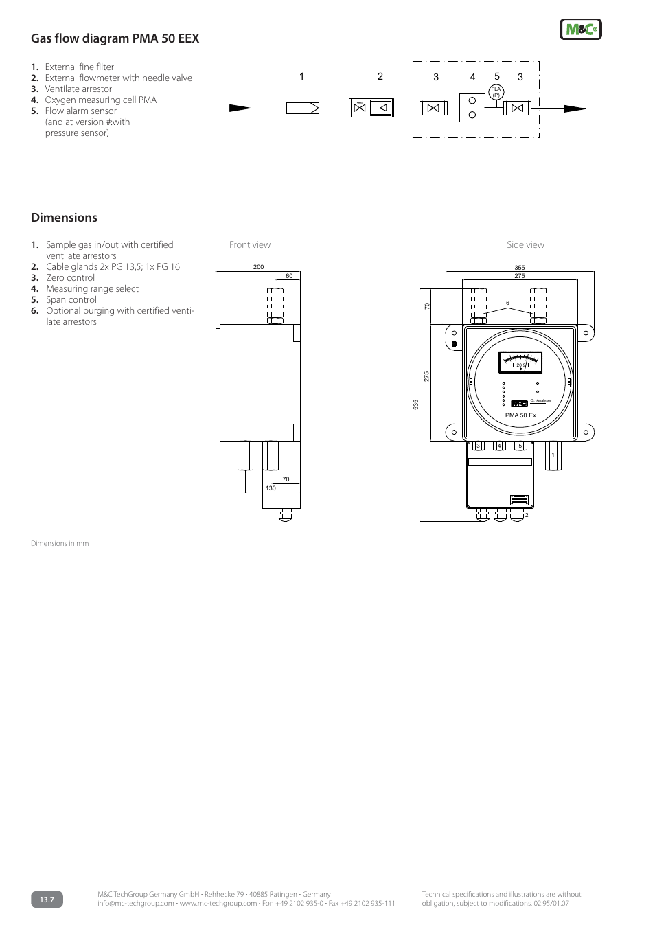 Gasflowdiagrampma50eex, Dimensions | M&C TechGroup PMA 50 EEX Data sheet User Manual | Page 2 / 3