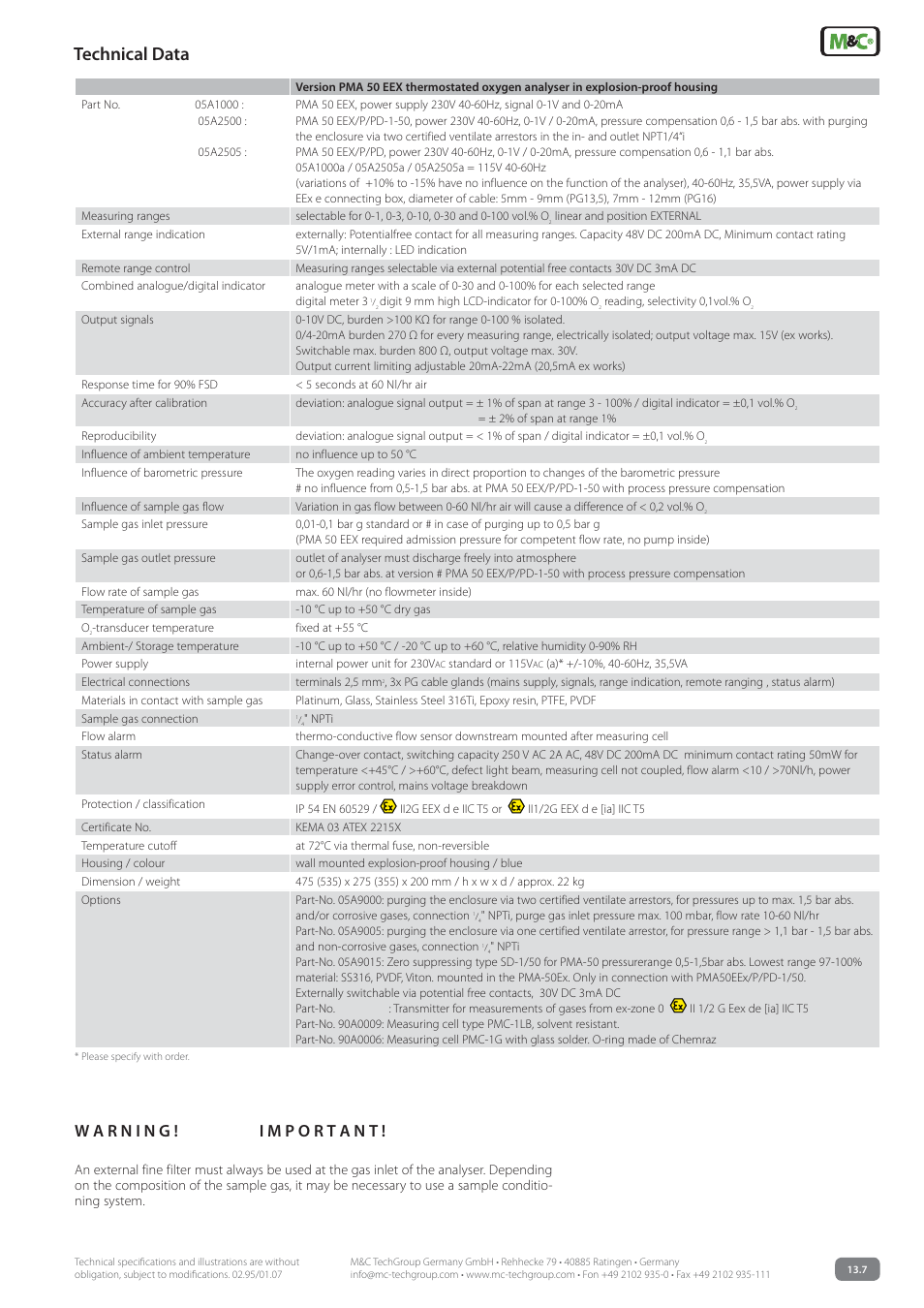 Technicaldata | M&C TechGroup PMA 50 EEX Data sheet User Manual | Page 3 / 3