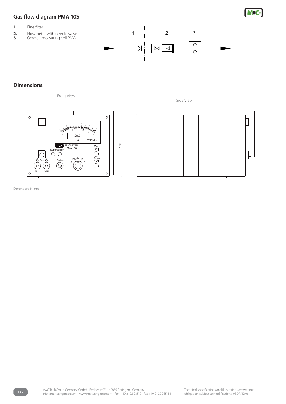 Gas flow diagram pma 10s, Dimensions, Front view side view | M&C TechGroup PMA 10S Data sheet User Manual | Page 2 / 3