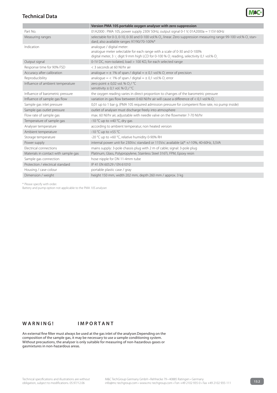 Technical data | M&C TechGroup PMA 10S Data sheet User Manual | Page 3 / 3