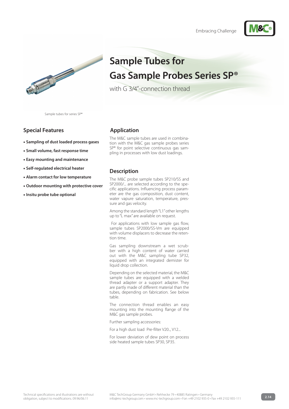 M&C TechGroup Gas Sample Probes Series SP Data sheet User Manual | 2 pages