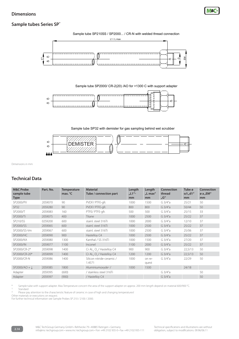 Demister dimensions, Sample tubes series sp, Technical data | M&C TechGroup Gas Sample Probes Series SP Data sheet User Manual | Page 2 / 2