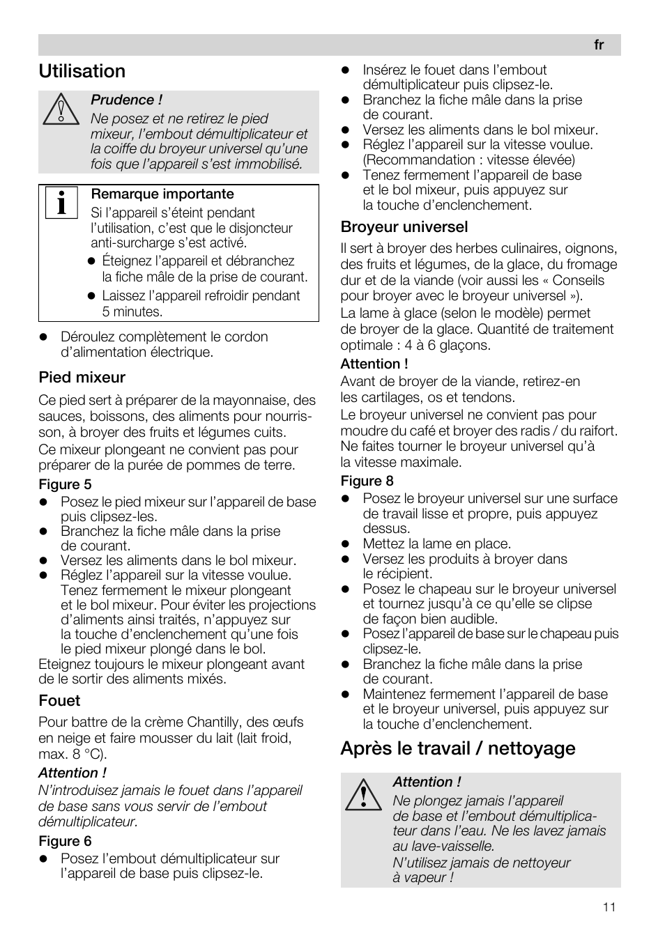 Pied mixeur, Fouet, Broyeur universel | Après le travail / nettoyage, Utilisation | Siemens MQ 5 N 398 User Manual | Page 11 / 81