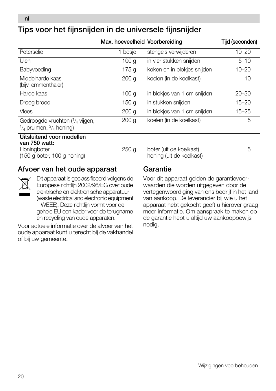 Afvoer van het oude apparaat, Garantie | Siemens MQ 5 N 398 User Manual | Page 20 / 81