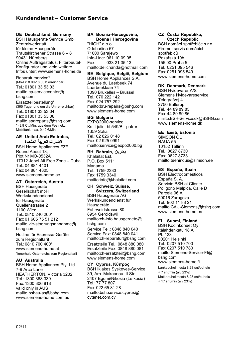 Kundendienst - customer service | Siemens MQ 5 N 398 User Manual | Page 76 / 81