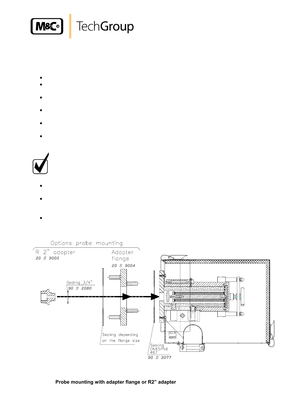 Mounting, Figure 1, Probe mounting with adapter flange or r2” adapter | M&C TechGroup SP2200-H_C_I_BB_F Operator's manual User Manual | Page 13 / 29