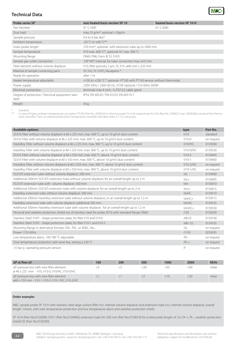 Technical data | M&C TechGroup SP10-H Data sheet User Manual | Page 2 / 3