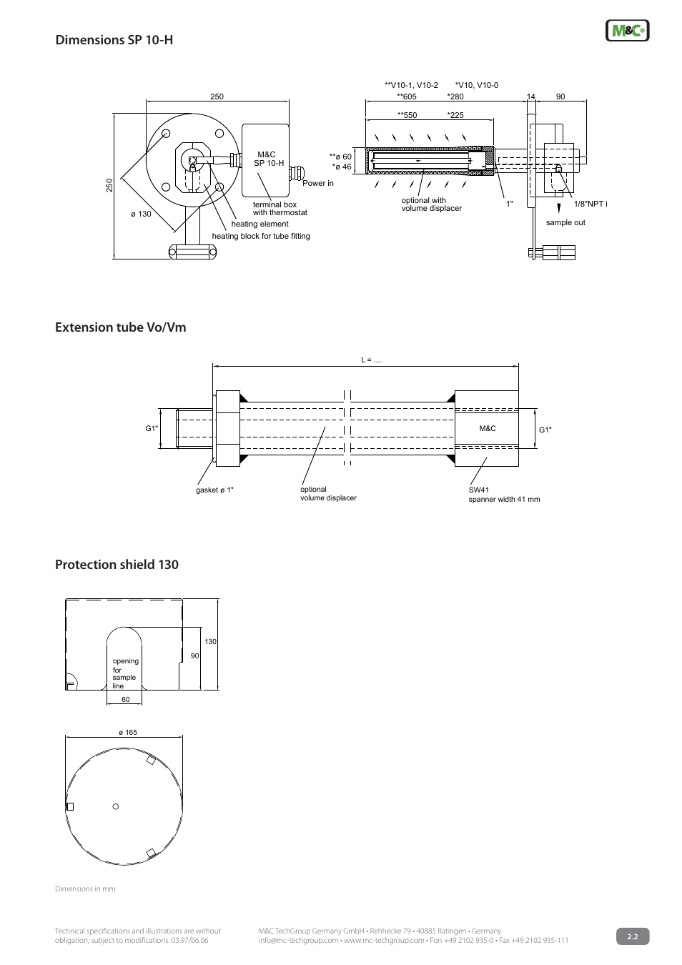 Dimensions sp 10-h, Protection shield 130 extension tube vo/vm | M&C TechGroup SP10-H Data sheet User Manual | Page 3 / 3