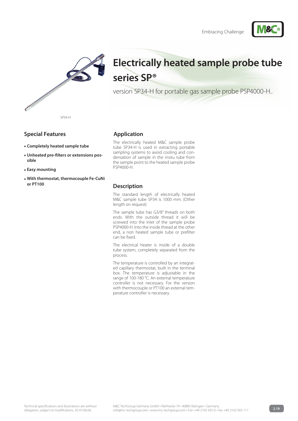 M&C TechGroup SP34-H for portable gas sample probe PSP4000-H.. Data sheet User Manual | 2 pages