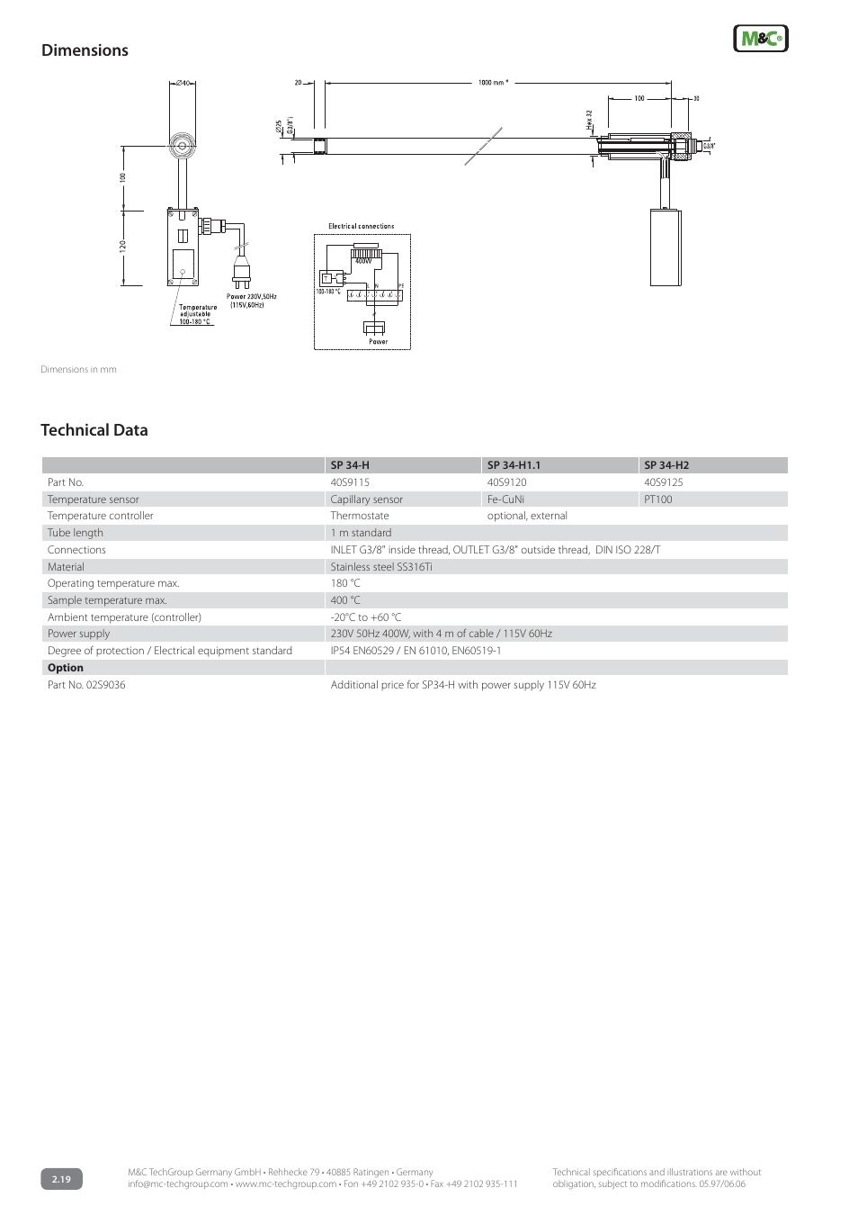 Technical data dimensions | M&C TechGroup SP34-H for portable gas sample probe PSP4000-H.. Data sheet User Manual | Page 2 / 2