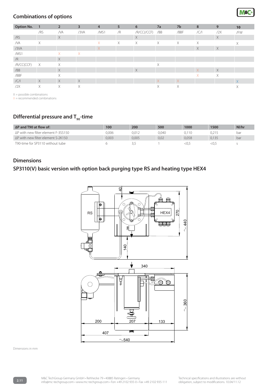 Differential pressure and t, Time, Combinations of options | M&C TechGroup SP3110 Data sheet User Manual | Page 4 / 7