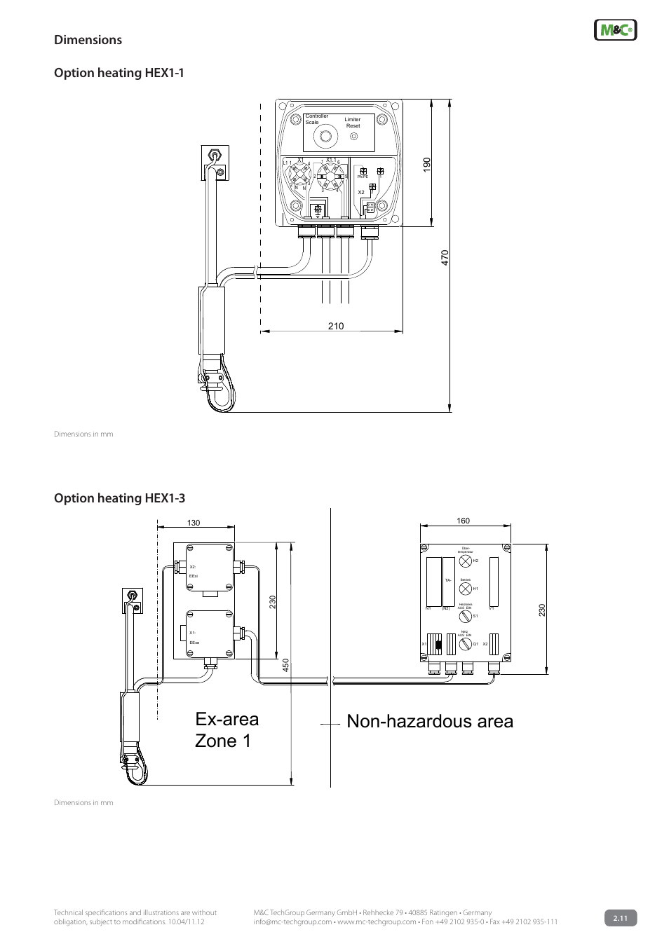 Non-hazardous area, Zone 1, Ex-area | Option heating hex1-1 option heating hex1-3, Dimensions | M&C TechGroup SP3110 Data sheet User Manual | Page 5 / 7