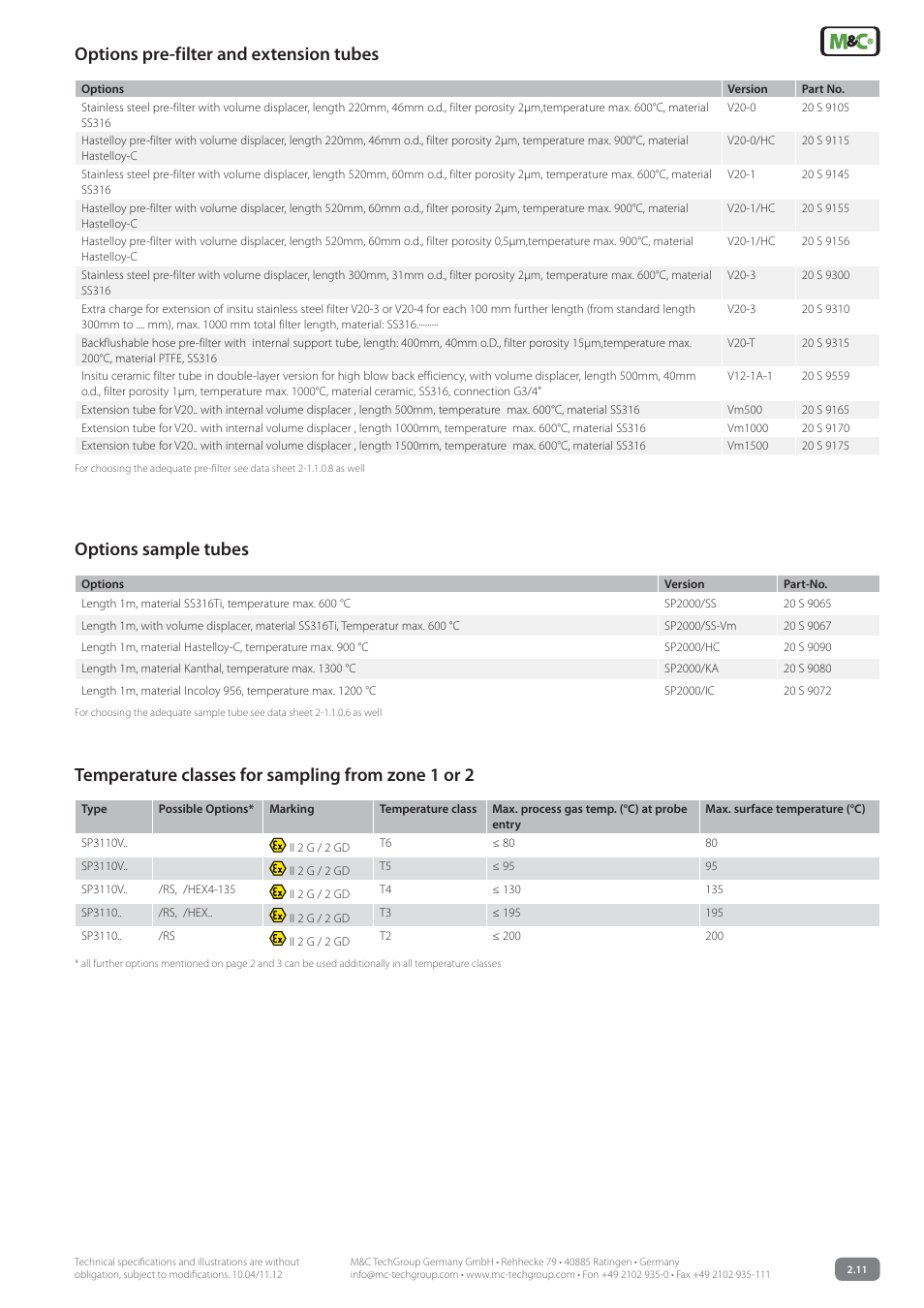 Options sample tubes, Temperature classes for sampling from zone 1 or 2, Options pre-filter and extension tubes | M&C TechGroup SP3110 Data sheet User Manual | Page 7 / 7