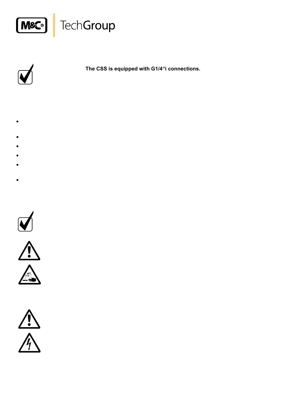 Supply connections, Hose connection, Electrical connections | M&C TechGroup CSS Series Operator's manual User Manual | Page 28 / 41