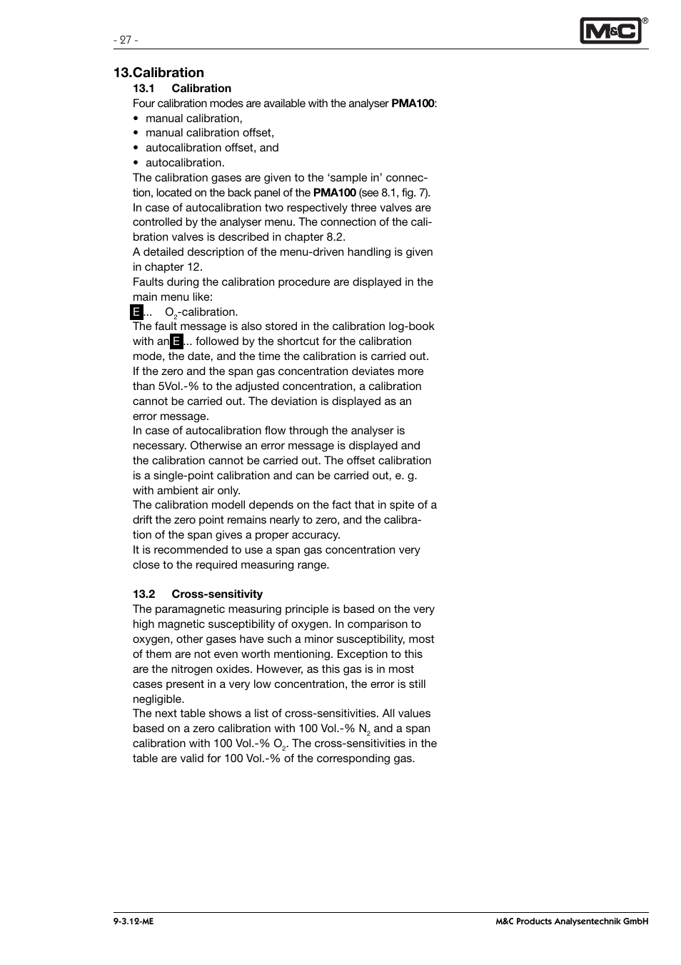Calibration | M&C TechGroup PMA 100 Operator's manual User Manual | Page 27 / 35