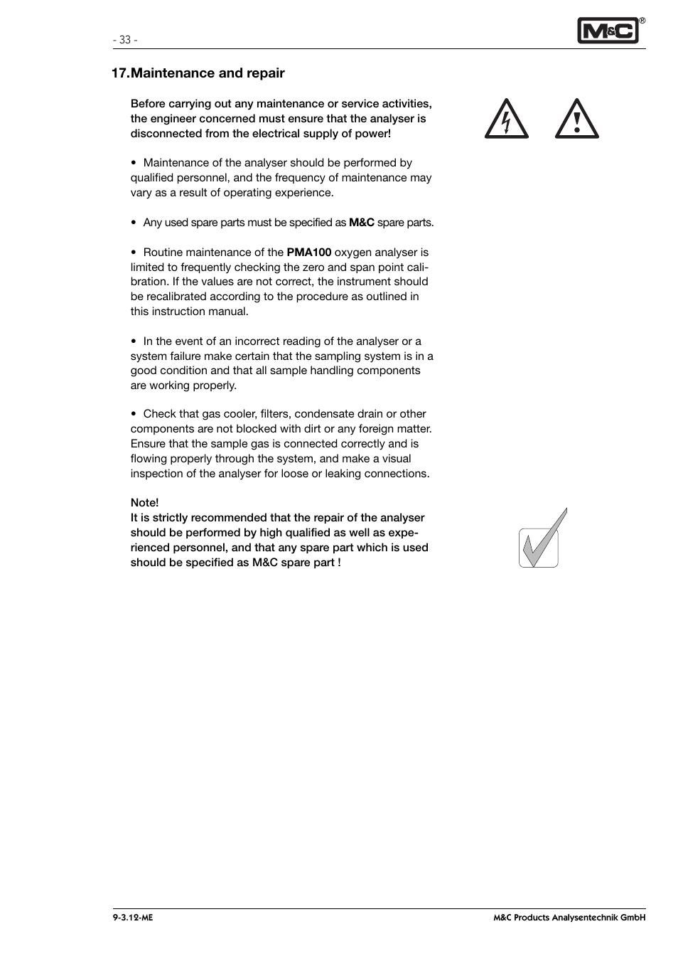 Maintenance and repair | M&C TechGroup PMA 100 Operator's manual User Manual | Page 33 / 35