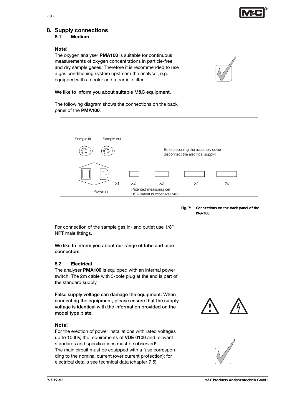 Supply connections | M&C TechGroup PMA 100 Operator's manual User Manual | Page 9 / 35