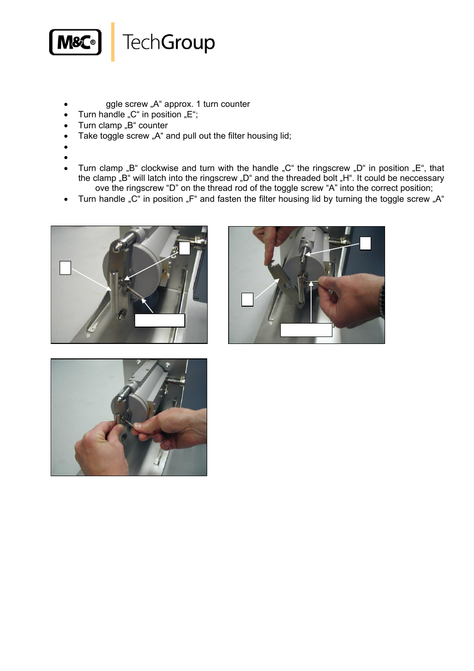 Figure 3, Dismounting of the filter housing lid, Ac, pos. f d | C, pos. e b h | M&C TechGroup FSS-..._H350 Operator's manual User Manual | Page 13 / 14