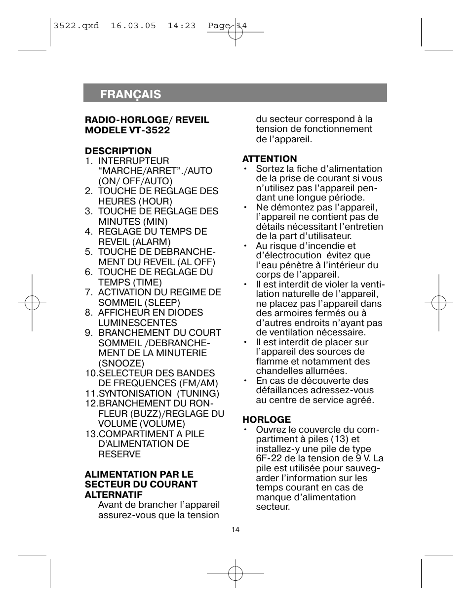 Français | Vitek VT-3522 User Manual | Page 15 / 52