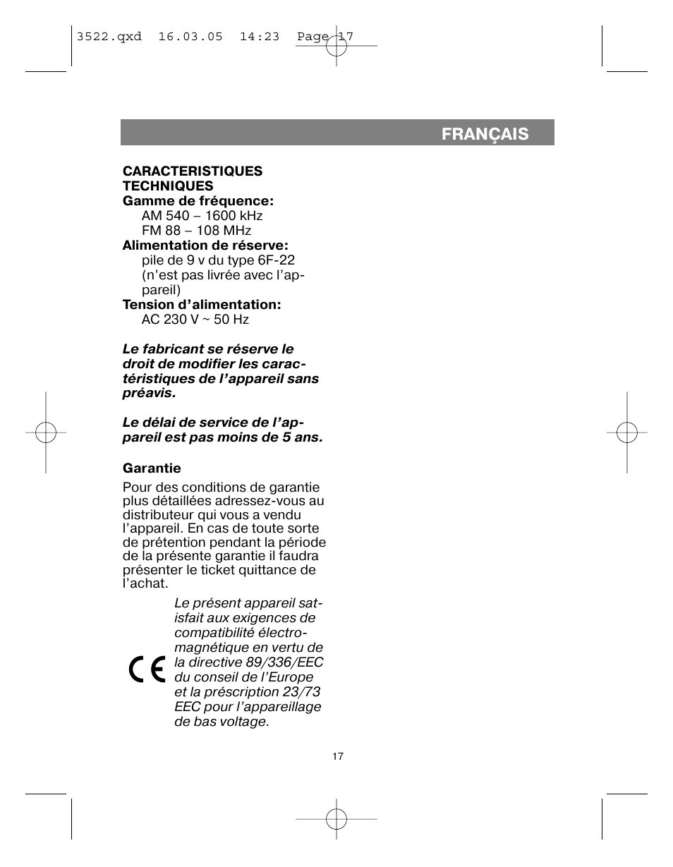 Français | Vitek VT-3522 User Manual | Page 18 / 52