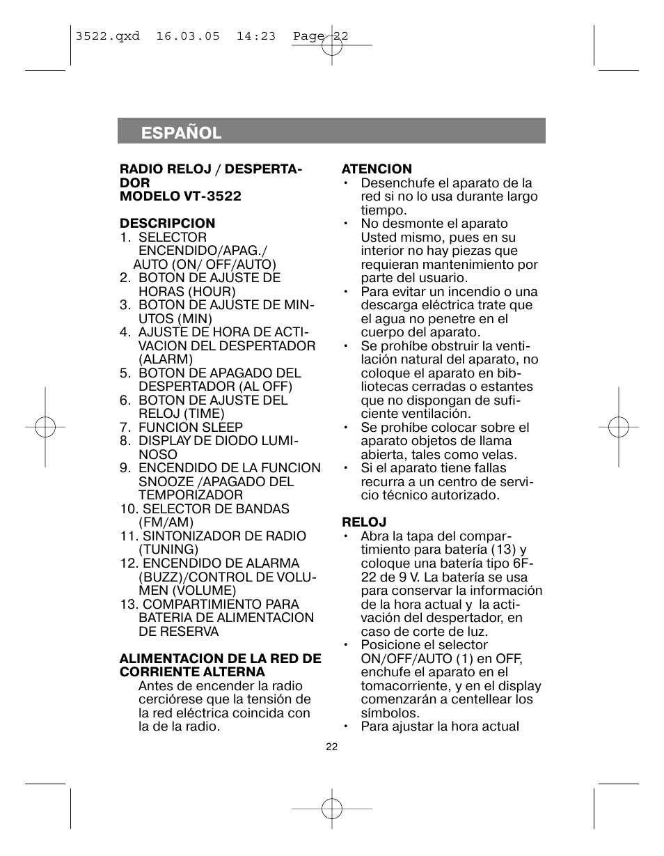 Español | Vitek VT-3522 User Manual | Page 23 / 52