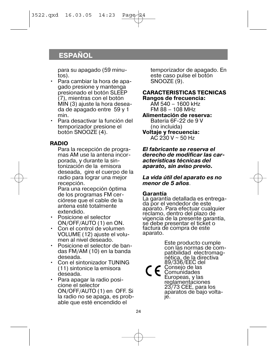 Español | Vitek VT-3522 User Manual | Page 25 / 52