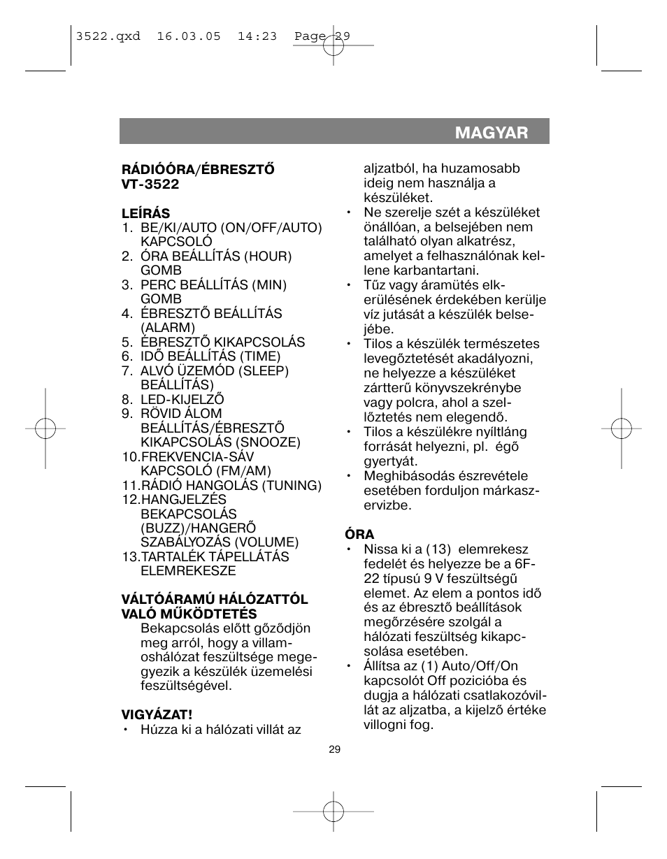 Magyar | Vitek VT-3522 User Manual | Page 30 / 52