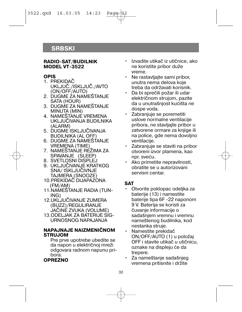 Srbski | Vitek VT-3522 User Manual | Page 33 / 52