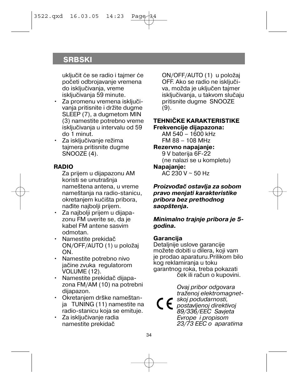 Srbski | Vitek VT-3522 User Manual | Page 35 / 52