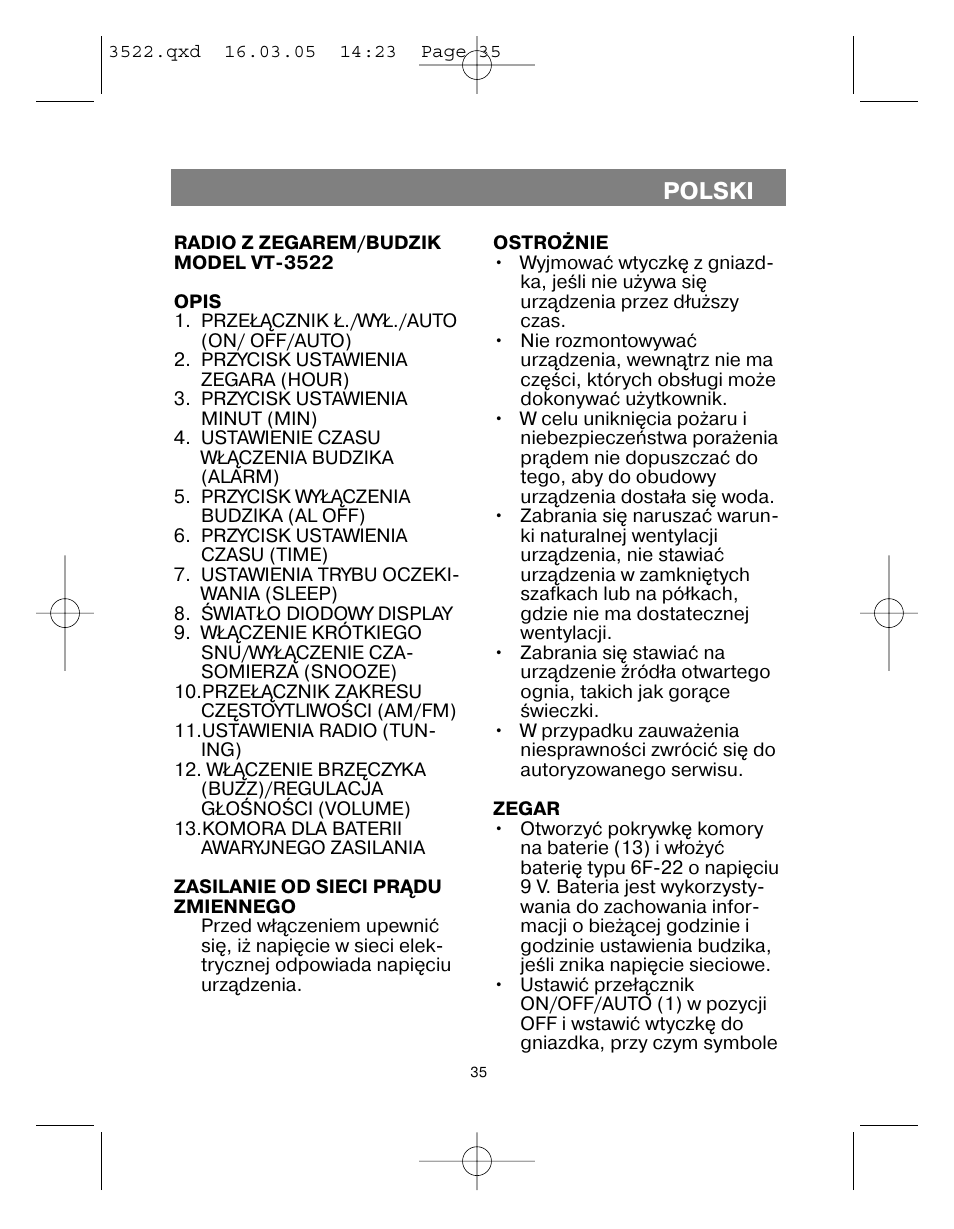 Polski | Vitek VT-3522 User Manual | Page 36 / 52