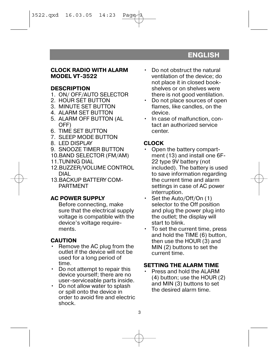 English | Vitek VT-3522 User Manual | Page 4 / 52