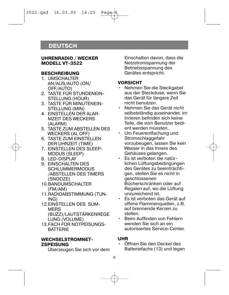 Deutsch | Vitek VT-3522 User Manual | Page 7 / 52